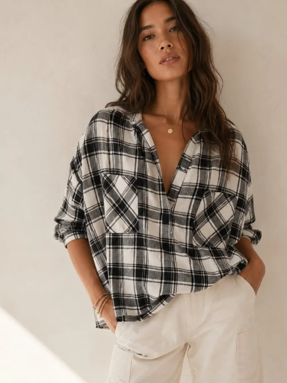 INTIMATELY FREE PEOPLE Plaid Checks Checkered Oversized Top XS